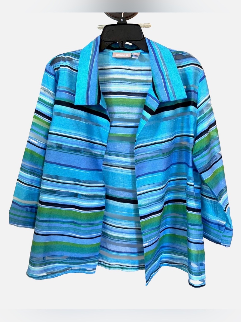 Chico’s Linen Blend Striped Open Front Jacket Size 2 XL Blue Green